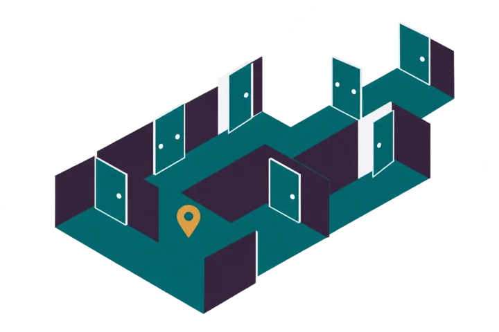 A corridor of doors, some open and some closed