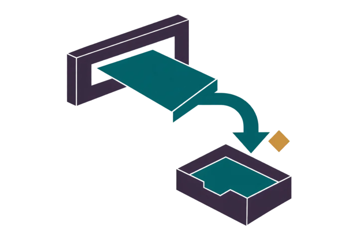 An envelope passes through a mail slot towards a reply tray