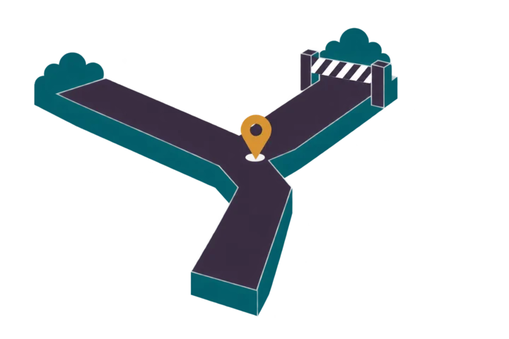 A forked route with one branch partly closed by a gate