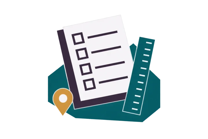 A checklist board with empty boxes beside a measuring ruler