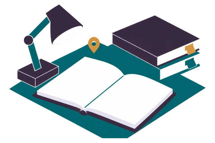 A blank notebook beside stacked books under a desk lamp