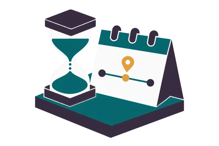An hourglass beside an unnumbered calendar with three markers